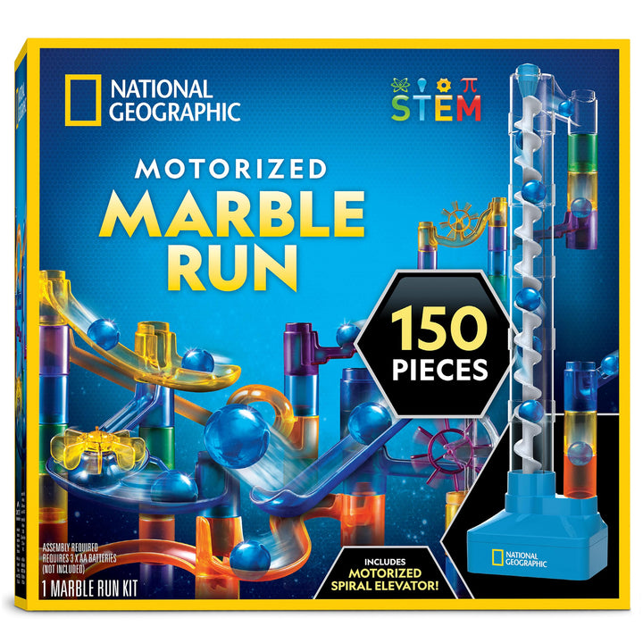 National Geographic Motorized Marble Run 150-Piece Building Set for Kids | Motorized Elevator, 30 Marbles, Storage Bag, Perpetual Motion Machine, Physics Learning, STEM Toy, Marble Maze