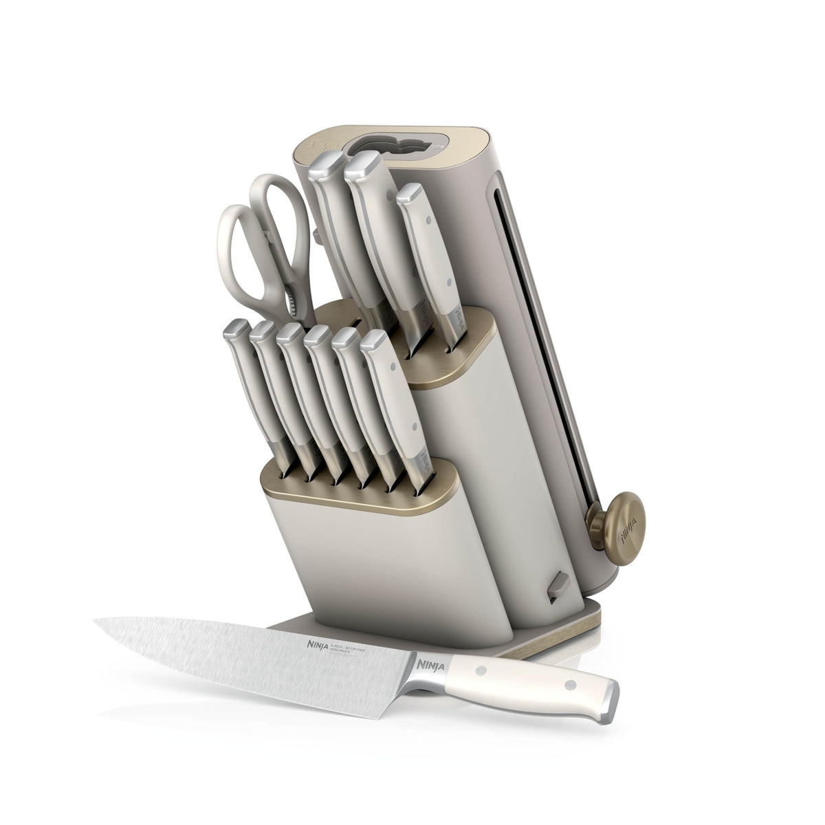 Ninja StaySharp 13-Piece Knife Block Set, Stone Gold NK32013EUUKSD1 | Rust-Resistant German Stainless Steel, Includes Kitchen and Herb Scissors and Removable Knife Sharpener.