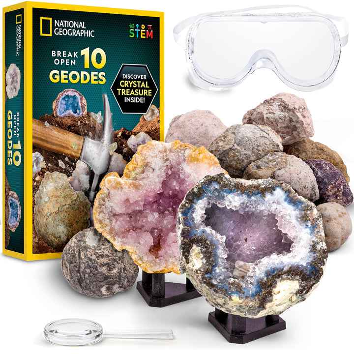 National Geographic Break Open 10 Premium Geodes for Kids Ages 8-12 | Safety Goggles, Real Crystal Geodes, Geology Science Kit, Break Your Own Geodes, STEM Activity, Birthday Gift