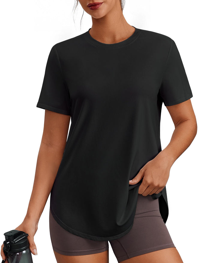 PINSPARK Workout Tops for Women UPF 50+ Hip Length Athletic Shirts S-3XL | Crew Neck, Side Slits, Loose Fit, Ultra-soft, Quick Dry, Running, Exercise, Gym, Hiking, Women Short Sleeve T Shirt