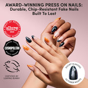 Glamnetic Halloween Press On Nails, Short Almond Glazed, October Nights | Halloween Black & Orange press on nails: October Nights. Full nail kit. Glue on nails with moon nail art. Fake nails.