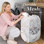 Handy Laundry Pop Up Laundry Hamper 71L Sturdy Collapsible Mesh (White) | Breathable Foldable Laundry Basket with Reinforced Handles, Side Pocket, Wide Opening for Dorm, Travel, Bedroom