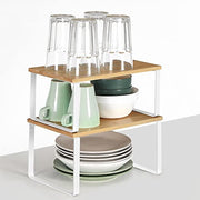SONGMICS Spice Rack, Set of 2 Cupboard Shelf Organisers | Expandable Kitchen Shelf Organiser, Stackable Spice Holder, Bamboo and Steel, White KCS02NW