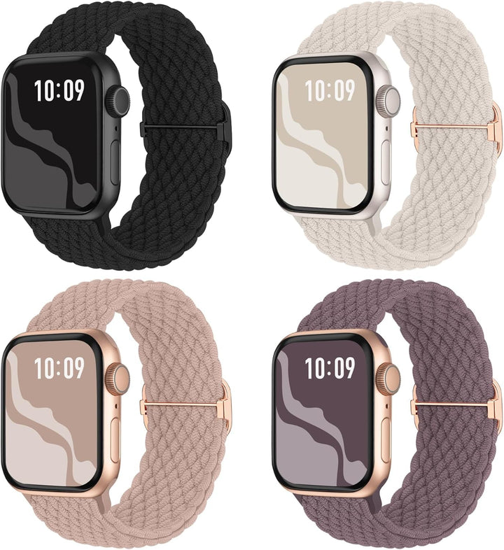 4 Pack Braided Stretchy Band Compatible with Apple Watch Bands Women Men | 40/41/38/42/44/45/46/49mm Breathable Nylon Elastic Daily Use Straps for iWatch Series 12 11 10 9 8 7 6 5 4 3 SE Ultra 4-1