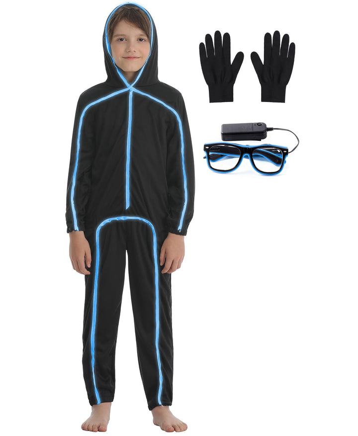 Vanderdyken Stick Figure Costume Kids Light up Stickman Costume Glow in the Dark Halloween Outfit for Boys and Girls