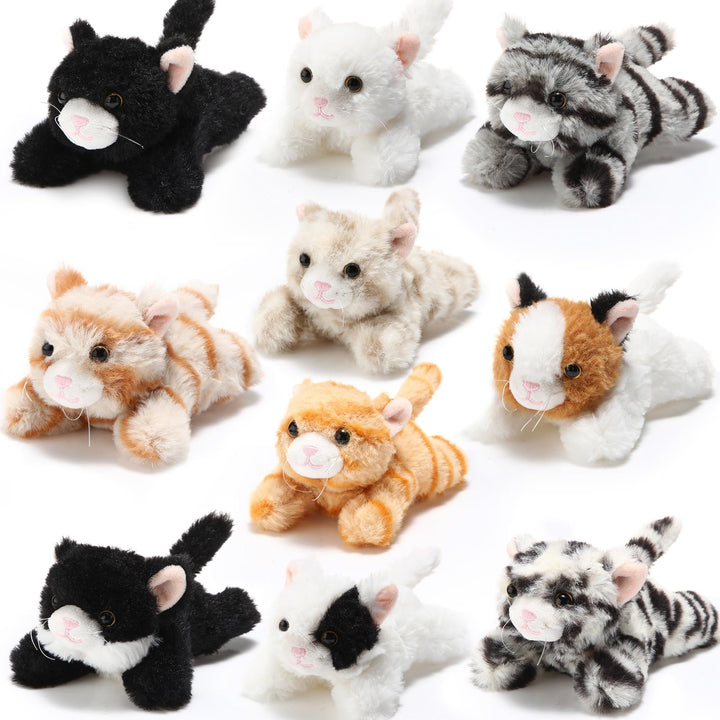 Lenwen 10 Pcs Cat Stuffed Animals Bulk Soft Plush Kitten,Prone Style | Fluffy Cuddly Animals for Kids, Assorted Colors Prone Kittens, Pet Theme Gift Bag Stuffers Party Favors