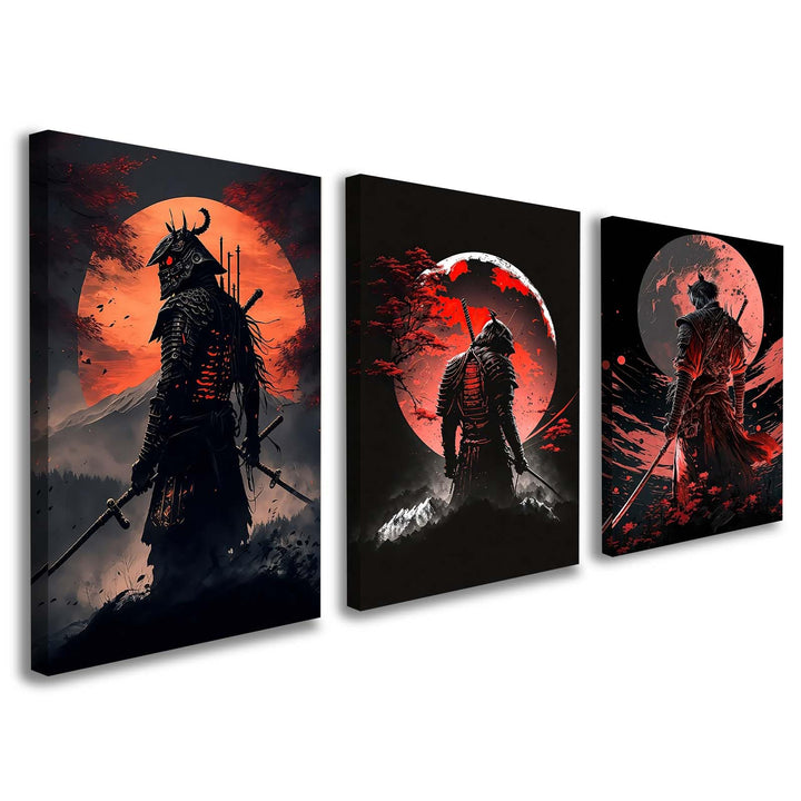 Galmcook Set of 3 Framed Canvas Wall Art 12x16 Inch Samurai Warrior Artwork Japanese Wall Canvas Pictures for Living Room Bedroom Gaming Room Wall Decoration Prints with Hooks and Magic Tape
