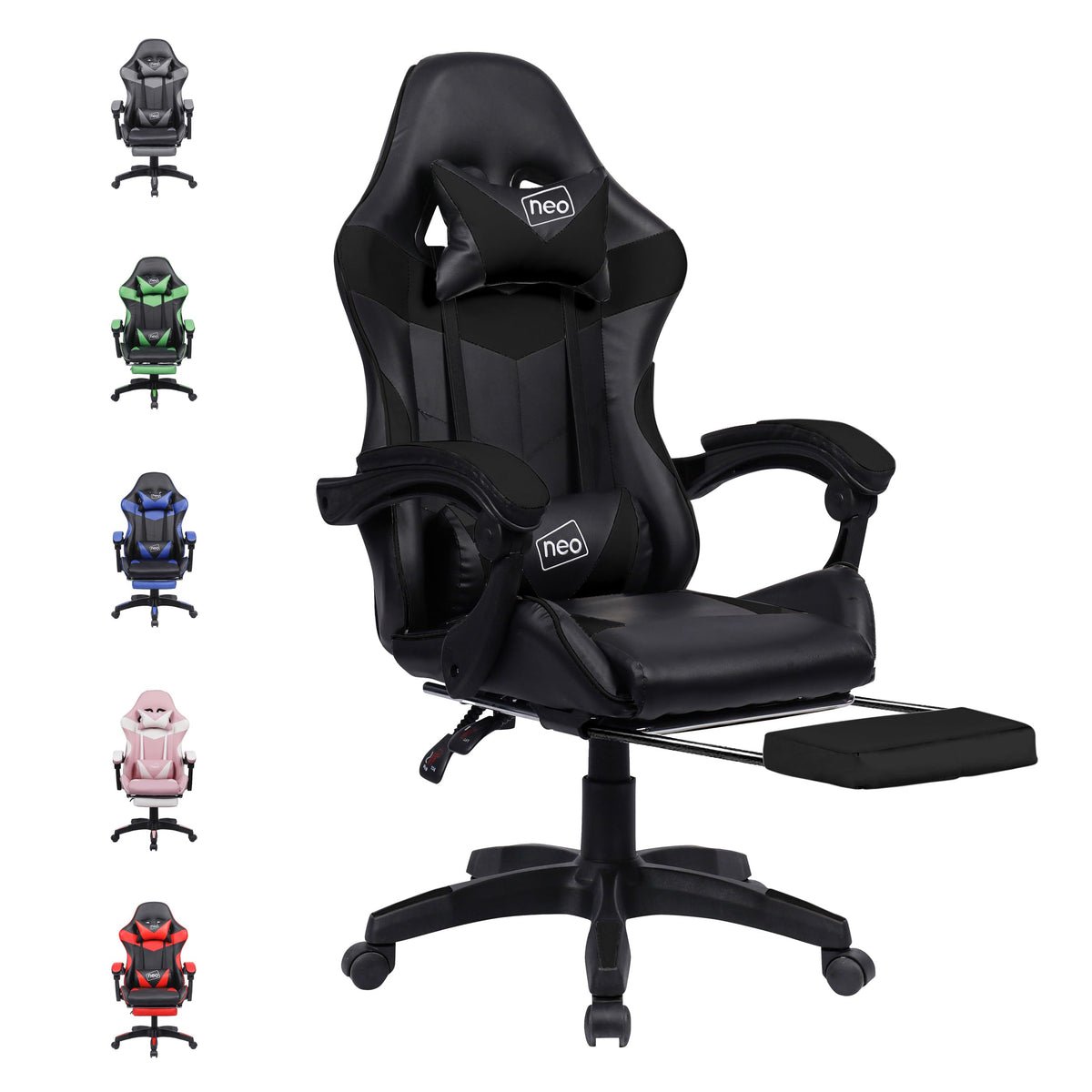 Neo Executive PU Leather Massage Sport Racing Gaming Home Office Computer Chair Lumbar Back Support Footrest (Black)