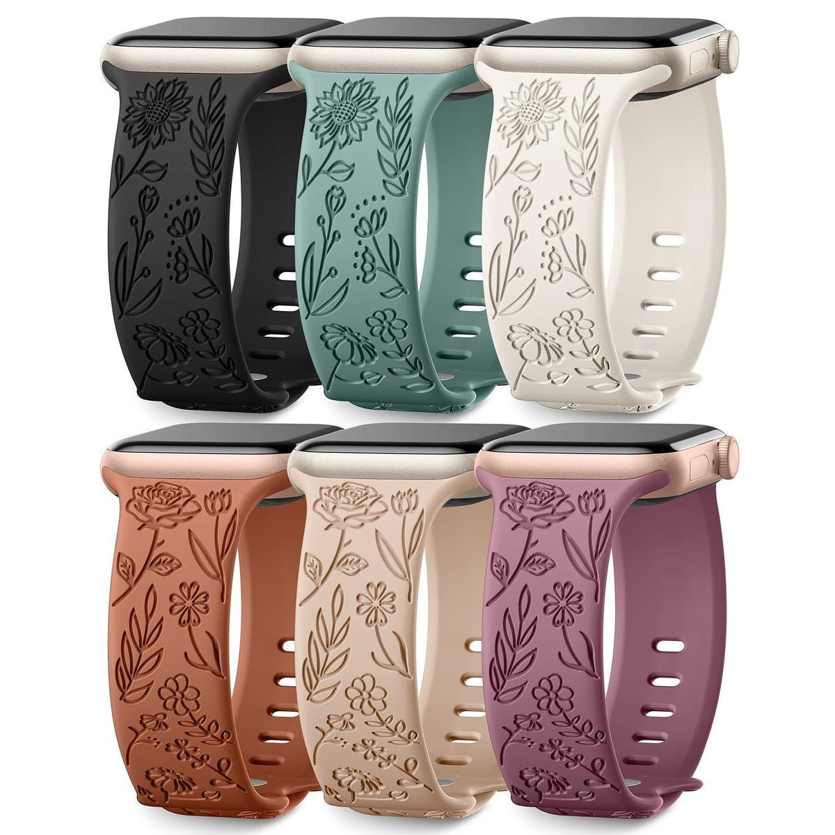 6 Pack Floral Engraved Bands Compatible with Apple Watch for Women | Cute Silicone Straps for Series 12 11 10 9 8 7 6 5 4 SE 3/2/1 Ultra, Wristband for iWatch 42mm 40mm 41mm 38mm 44mm 45mm 46mm