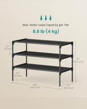 SONGMICS 3-Tier Shoe Rack, Shoe Storage Organiser, Metal Frame | Space-Saving, Non-Woven Fabric Shelves, Hallway, 62.3 x 29.7 x 53.5 cm, Ink Black, RYLAN Collection LSH023BH01