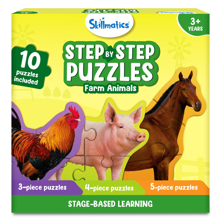 Skillmatics Step by Step Jigsaw Puzzles – Toddler Toys & Games, 40 Pieces | Farm Animals, Montessori Floor Puzzle, Fine Motor Skills, Screen-Free, Travel Gift for Kids, Boys & Girls Ages 3, 4, 5