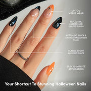 Glamnetic Halloween Press On Nails, Short Almond Glazed, October Nights | Halloween Black & Orange press on nails: October Nights. Full nail kit. Glue on nails with moon nail art. Fake nails.