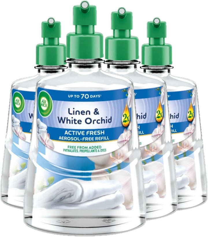 Air Wick 24/7 Active Fresh Refill, Linen & White Orchid, 4 x 228ml | Automatic air freshener refill; aerosol-free, no wet spray; up to 280 days; neutralises household odours