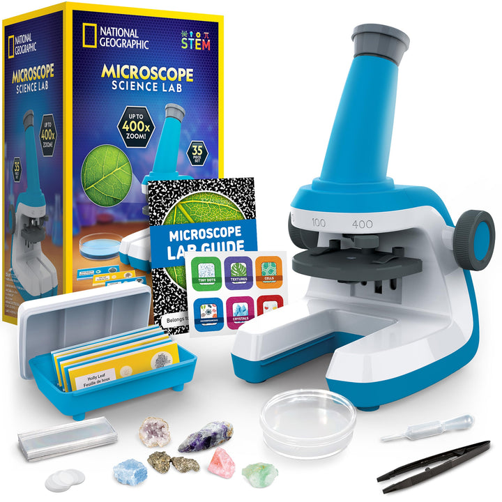National Geographic Microscope for Kids with Up to 400x Magnification | Prepared and Blank Slides, Rock and Mineral Specimens, Easy-to-Use Science Kit, STEM Project Toy, Ages 6+