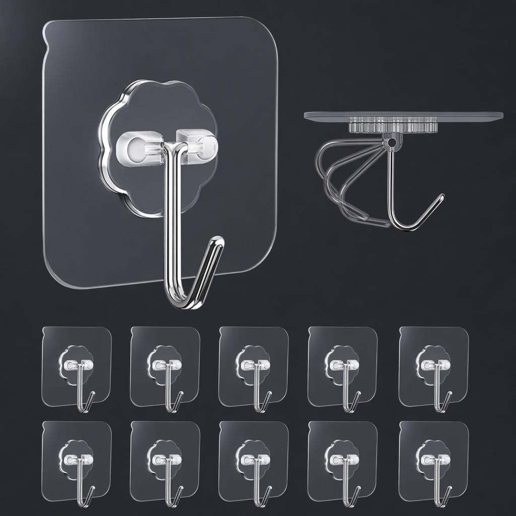10 Pack Adhesive Wall Hooks for Hanging Heavy Duty Towel Coat Hooks Waterproof Transparent Hook for Bathroom Shower Kitchen Keys Door Outdoor Home Improvement Utility Hook
