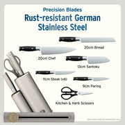 Ninja StaySharp 13-Piece Knife Block Set, Stone Gold NK32013EUUKSD1 | Rust-Resistant German Stainless Steel, Includes Kitchen and Herb Scissors and Removable Knife Sharpener.