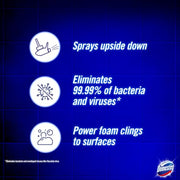 Domestos Power Foam Citrus Blast Toilet & Bathroom Cleaner Spray sprays upside down & eliminates 99.99% of germs* for cleaning inside the toilet & around the bathroom 450 ml