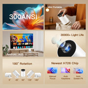 [2026 Upgraded] Mini Projector 4K Supported, Built-in App, Android TV OS X1 | Projector with WiFi 6 and Bluetooth 5.4, Phone Remote Control, Short Throw, Auto Keystone and 180° Rotatable for Home Outdoor