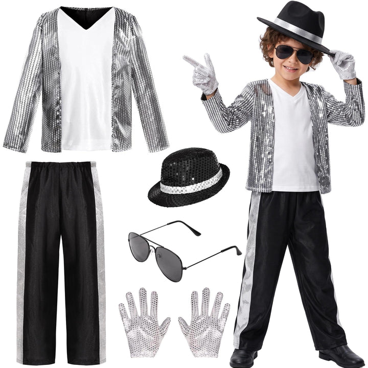 HORTYZON Kids Dance Star Costume Boys 80s Dance Costume 90s Pop Stage Outfits with Glasses Hat Gloves Halloween Cosplay Party
