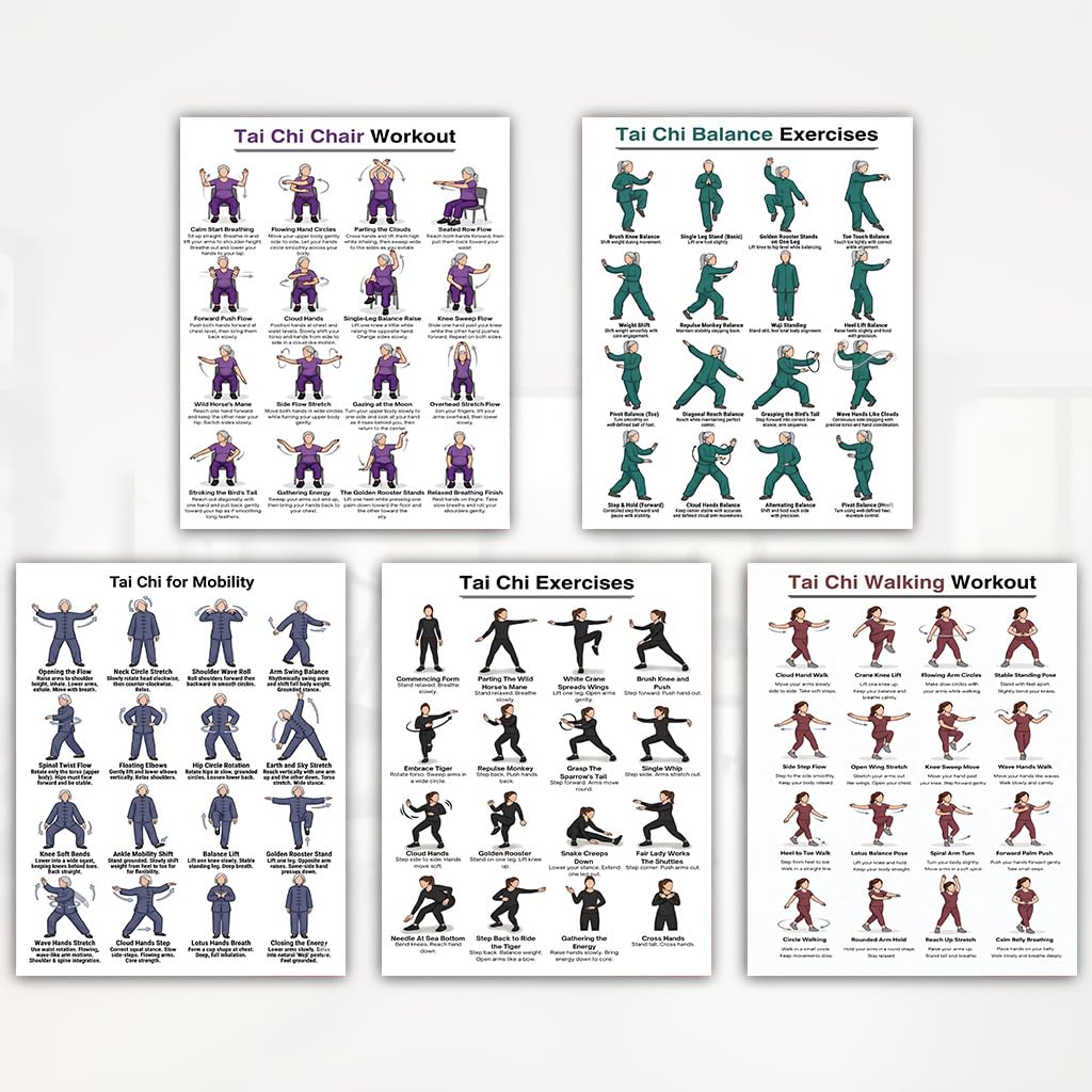 5-Pack Tai Chi Exercise Poster Set – Balance & Mobility Workout Chart, Seated Chair Tai Chi & Walking Guide, Home Gym Wall Decor Instructional Prints (8x10 Inch)
