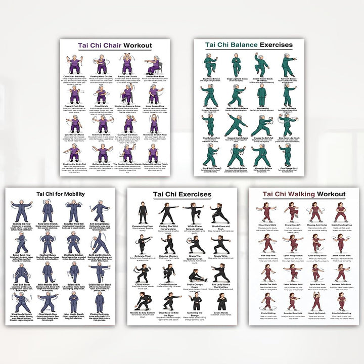 5-Pack Tai Chi Exercise Poster Set – Balance & Mobility Workout Chart, Seated Chair Tai Chi & Walking Guide, Home Gym Wall Decor Instructional Prints (8x10 Inch)