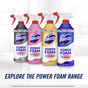 Domestos Power Foam Citrus Blast Toilet & Bathroom Cleaner Spray sprays upside down & eliminates 99.99% of germs* for cleaning inside the toilet & around the bathroom 450 ml