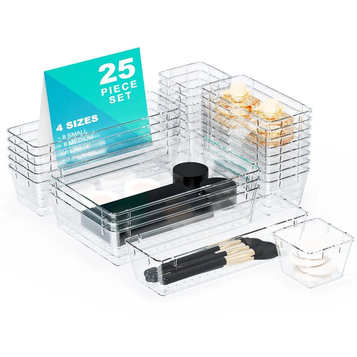 25PCS Clear Plastic Drawer Organizer Set: 4 Sizes Desk Drawer Dividers & Storage Bins for Makeup Jewelry Gadgets Kitchen Bedroom Bathroom Office Organization Home Bathroom Decor Makeup Organizer with Divided Compartments Adjustable Transparent Boxes