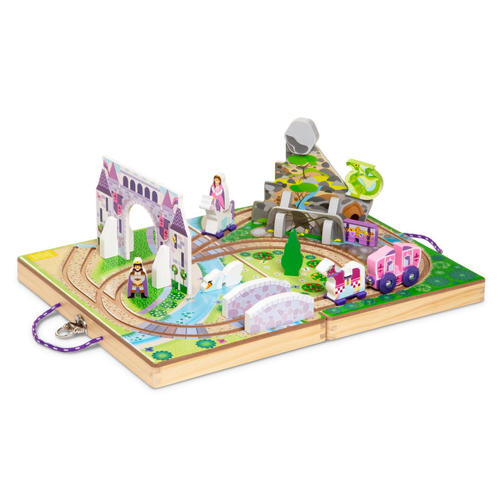 Melissa & Doug Take-Along Kingdom Wooden Tabletop Play Set | 19 Pieces, Portable Wooden Play Set with Track, Wooden Carriage, Dragon, Skill Building Pretend Play, Preschool Toys, Ages 3+