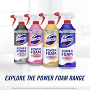 Domestos Power Foam Citrus Blast Toilet & Bathroom Cleaner Spray sprays upside down & eliminates 99.99% of germs* for cleaning inside the toilet & around the bathroom 450 ml