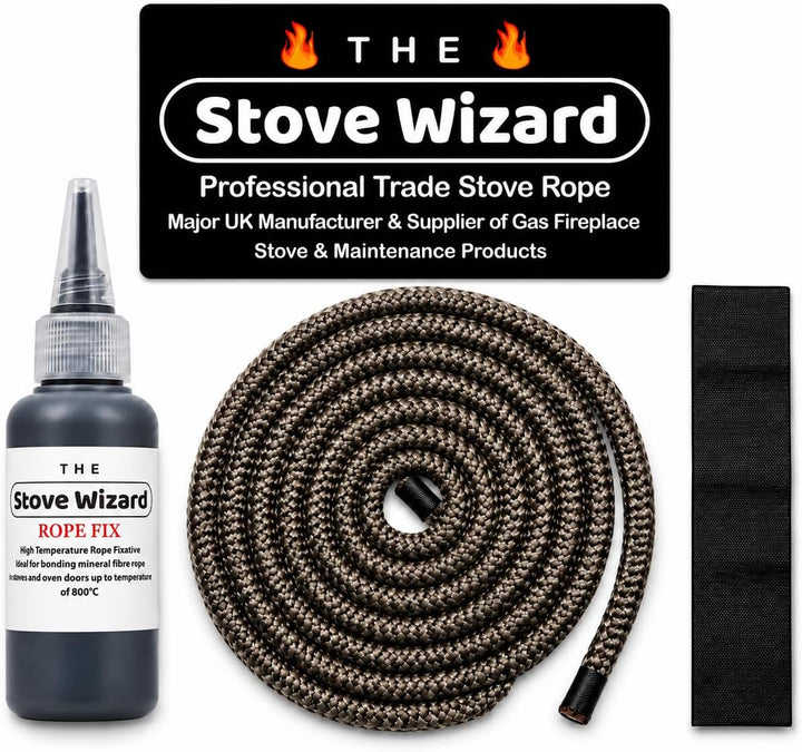 The Stove Wizard Stove Rope Kit 12mm x 2.5m Black 50ml Glue 100mm Tape | UK-made complete kit with 2.5m stove rope, 50 ml Rope Fix adhesive rated to 800°C and 100 mm end-seal tape