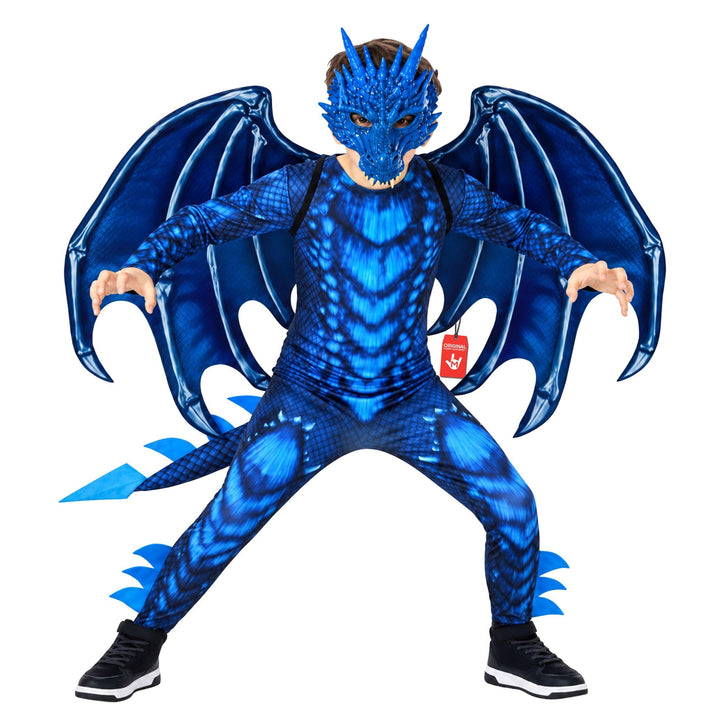 Morph Dragon Costume Kids, Blue Dragon Wings, Halloween Costumes for Boys | Scale Printed Bodysuit, Hand Painted Dragon Mask, Realistic Wings Included, Perfect as a Boys Halloween Costume