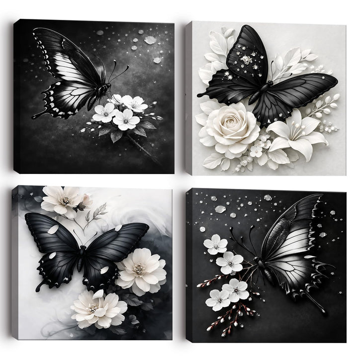 Alptiny Canvas Wall Art Set Of 4, Framed Wall Art Prints, Black And White Butterfly Floral Picture Canvas Artwork For Living Room Bedroom Bathroom Decor 30x30cm
