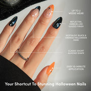 Glamnetic Halloween Press On Nails, Short Almond Glazed, October Nights | Halloween Black & Orange press on nails: October Nights. Full nail kit. Glue on nails with moon nail art. Fake nails.