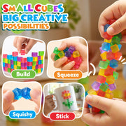 LESONG Mini Sticky Stacking Cubes for Kids: 150 PCS Washable Sensory Building Toy, Soft Squishy 0.39 inch Cubes with Storage Box, Balanced Stickiness for 2D & 3D Building, Translucent Travel Toy