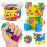 LESONG Mini Sticky Stacking Cubes for Kids: 150 PCS Washable Sensory Building Toy, Soft Squishy 0.39 inch Cubes with Storage Box, Balanced Stickiness for 2D & 3D Building, Translucent Travel Toy
