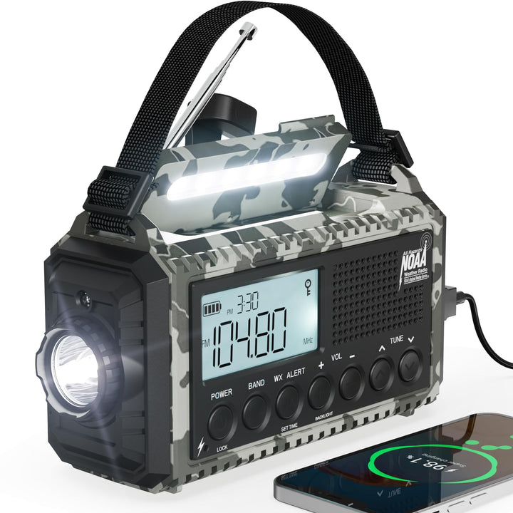 Mesqool Emergency Radio NOAA/AM/FM/SW, 12000mAh Battery Powered | Auto Weather Alert, Rechargeable Hand Crank Solar Radio Flashlight Cell Phone Charger, SOS, Type-C Adapter Cord