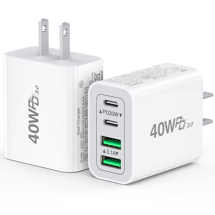 [2-Pack] USB C Charger Block 40W Max Output Type C Fast Charging Wall Plug | 4-Port PD+QC Power Adapter Compact Travel Brick Box for iPhone 18 Pro/17/16/15/14-11/Pro Max/Duo, iPad, Galaxy, Pixel & more