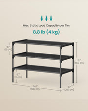 SONGMICS 3-Tier Shoe Rack, Shoe Storage Organiser, Metal Frame | Space-Saving, Non-Woven Fabric Shelves, Hallway, 62.3 x 29.7 x 53.5 cm, Ink Black, RYLAN Collection LSH023BH01