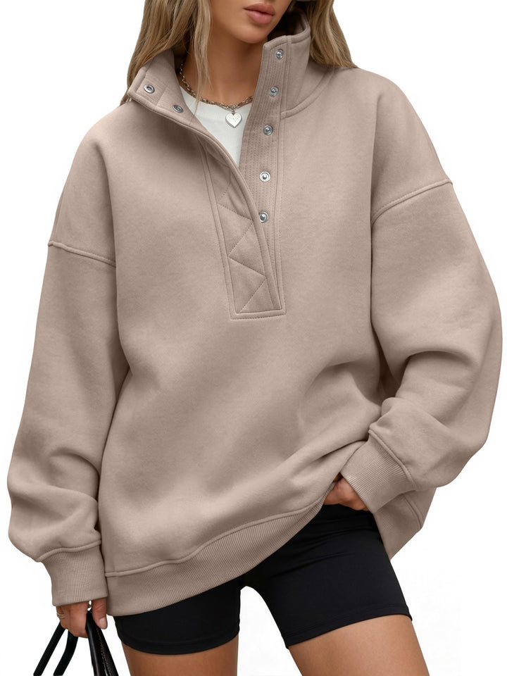 Trendy Queen Womens Oversized Sweatshirts with Snap Button Henley Collar | Soft Fleece Pullover with Pockets Tops Fall Winter Clothes 2026 Cute Fashion Outfits