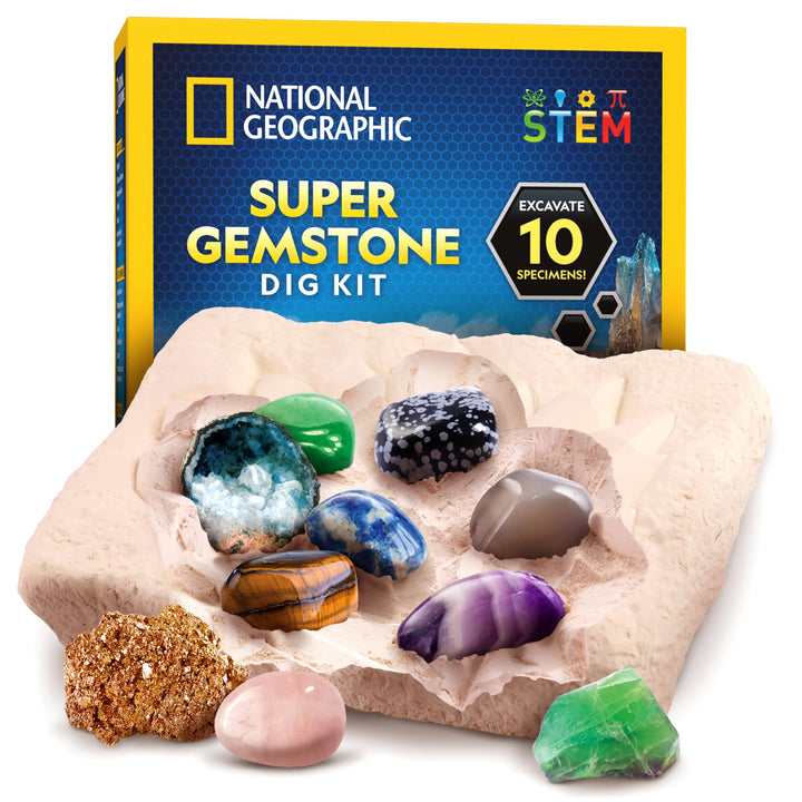 National Geographic Gemstone Dig Kit with 10 Real Gemstones for Kids | Amethyst, Quartz & Tiger's Eye, Gem Mining Activity, Excavation Tools, Rock Collection, Geology Science, Birthday Gift