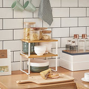 SONGMICS Spice Rack, Set of 2 Cupboard Shelf Organisers | Expandable Kitchen Shelf Organiser, Stackable Spice Holder, Bamboo and Steel, White KCS02NW