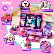 Upgraded Kids Cash Register Toy for Boys Girls, Pretend Play Gift | Pretend Play Cashier Register with Shop Accessories, Calculator Cash Register with Scanner/Credit Card (Purple)