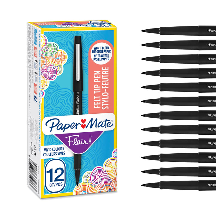 Paper Mate Flair Felt Tip Pens | Medium Point (0.7 mm) Writing Pens | Black Pens | For WritingDrawing & Sketching | 12 Count