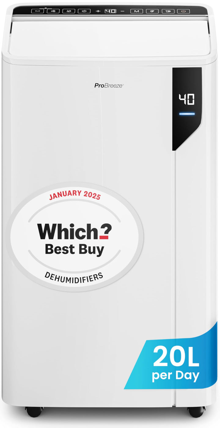 Pro Breeze® 20L/Day Compressor Dehumidifier - Energy Efficient with Laundry Mode, Humidity Sensor, Carbon Air Filter for Mould, Damp & Moisture, for Home & Bedroom - WHICH? BEST BUY DEHUMIDIFIER AWARD