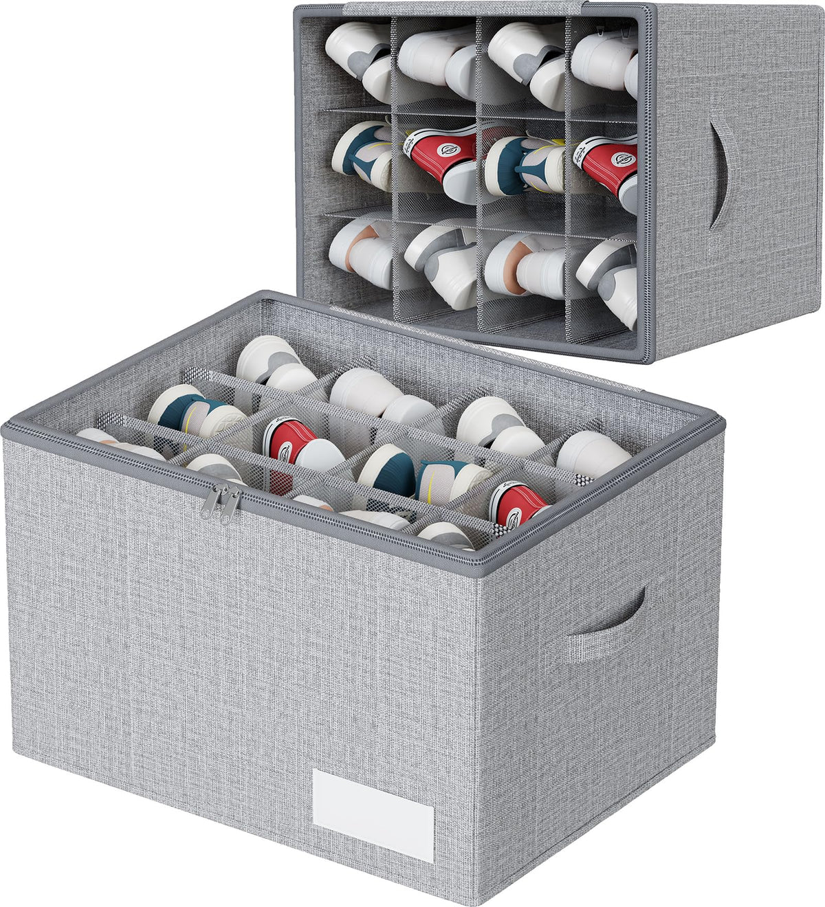 WANGIRL Fabric Shoe Storage Box, Fits 12 Pairs, Foldable Shoe Organiser for Wardrobe with Clear Lids, Bottom Support and Reinforced Handles, 1 Pack Grey