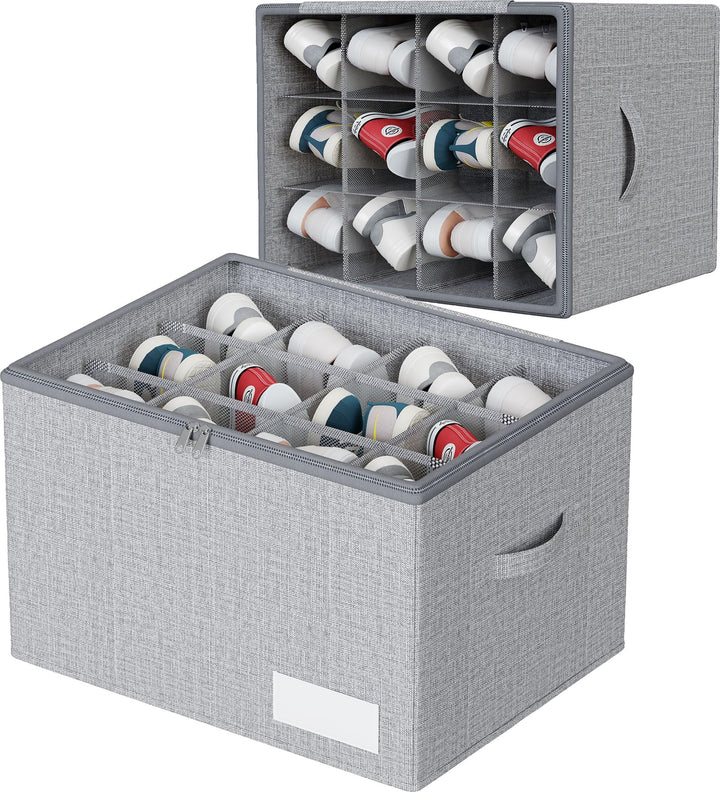 WANGIRL Fabric Shoe Storage Box, Fits 12 Pairs, Foldable Shoe Organiser for Wardrobe with Clear Lids, Bottom Support and Reinforced Handles, 1 Pack Grey