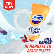 Domestos Power Foam Citrus Blast Toilet & Bathroom Cleaner Spray sprays upside down & eliminates 99.99% of germs* for cleaning inside the toilet & around the bathroom 450 ml