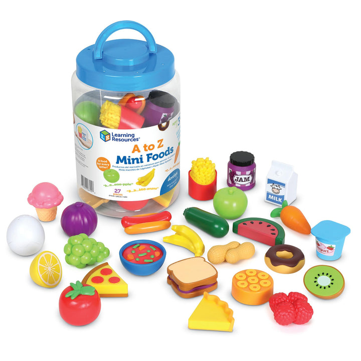 Learning Resources A to Z Mini Foods | Toddler Pretend Play Food Toys, Kids Plastic Kitchen Set, Alphabet Learning Toy, Montessori, Preschool Educational Activities