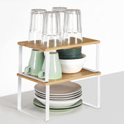 SONGMICS Spice Rack, Set of 2 Cupboard Shelf Organisers | Expandable Kitchen Shelf Organiser, Stackable Spice Holder, Bamboo and Steel, White KCS02NW