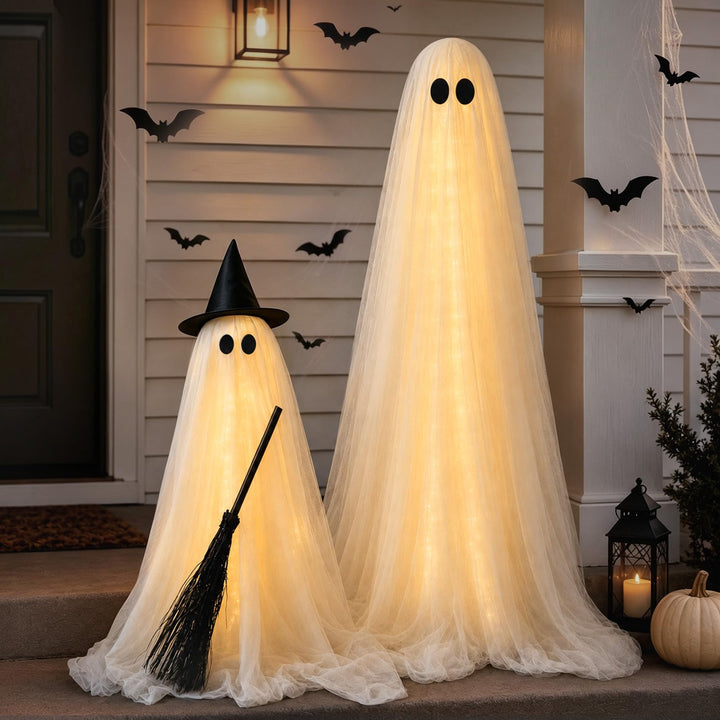 Halloween Decorations Outdoor, 2 Packs Light-Up Spooky Ghost Witch Broom | Halloween Decorations Indoor with Remote Control Cute Spooky Halloween Ghost Decor for Porch Yard Lawn Home